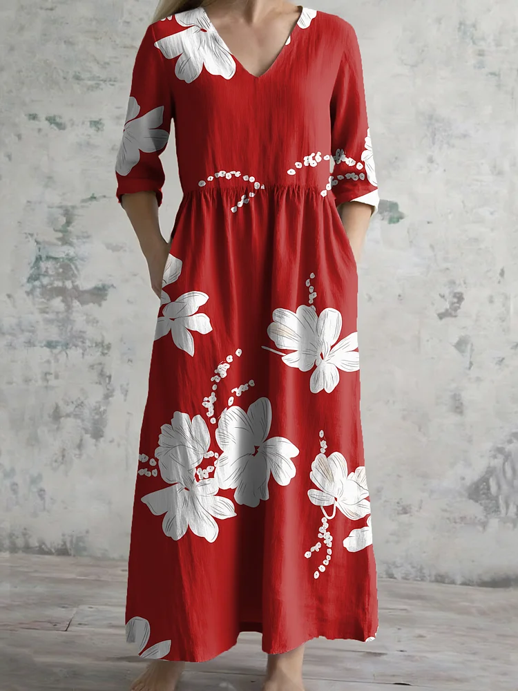 Women's V-neck Floral Print Cotton Dress