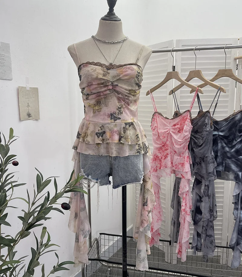 Uveng Real Shooting Atmosphere Feels A Mesh Yarn-Print Sling Vest Irregular Ribbon Splicing Lace Sleeveless Top 9968