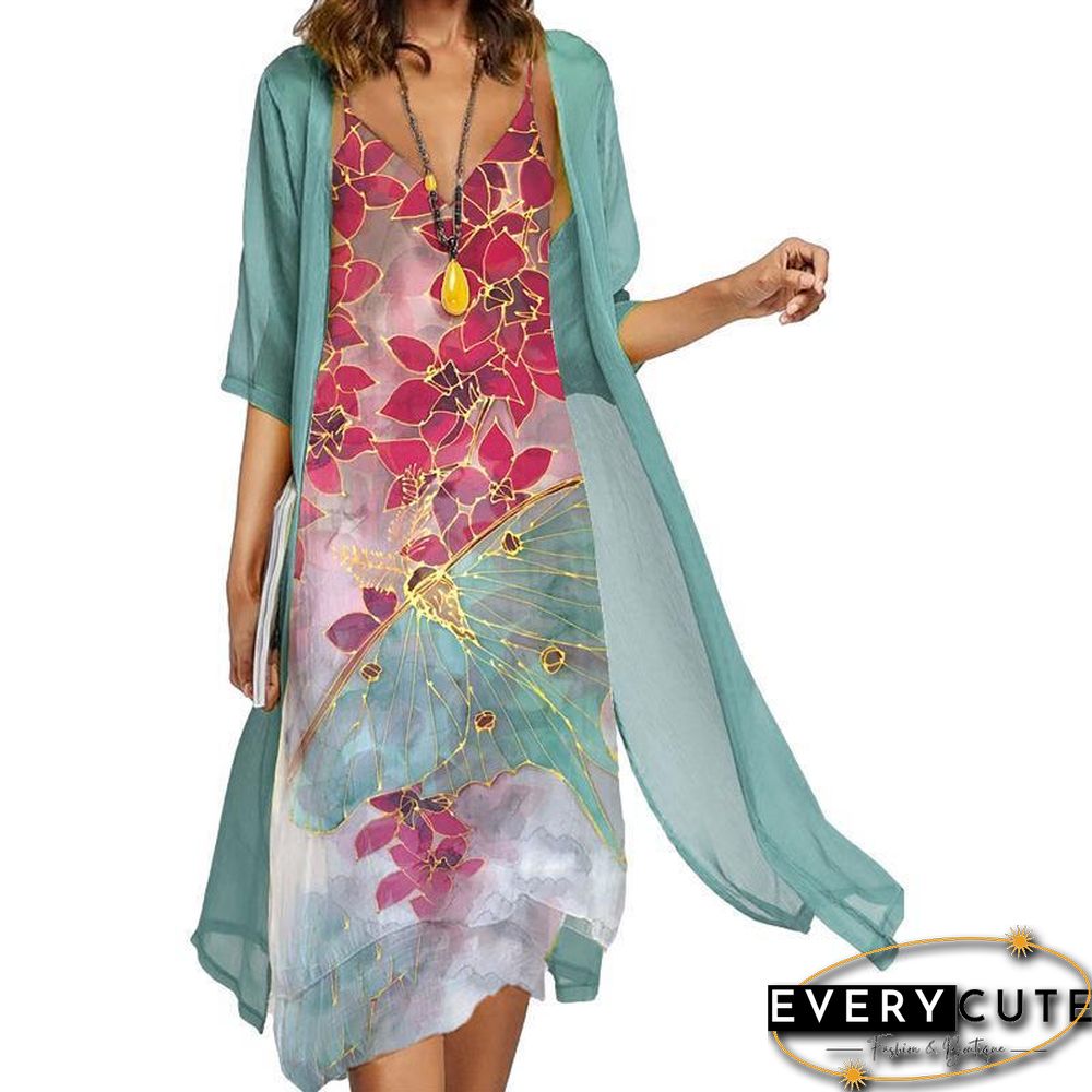 V Neck Printed Dress And Cardigan Suit