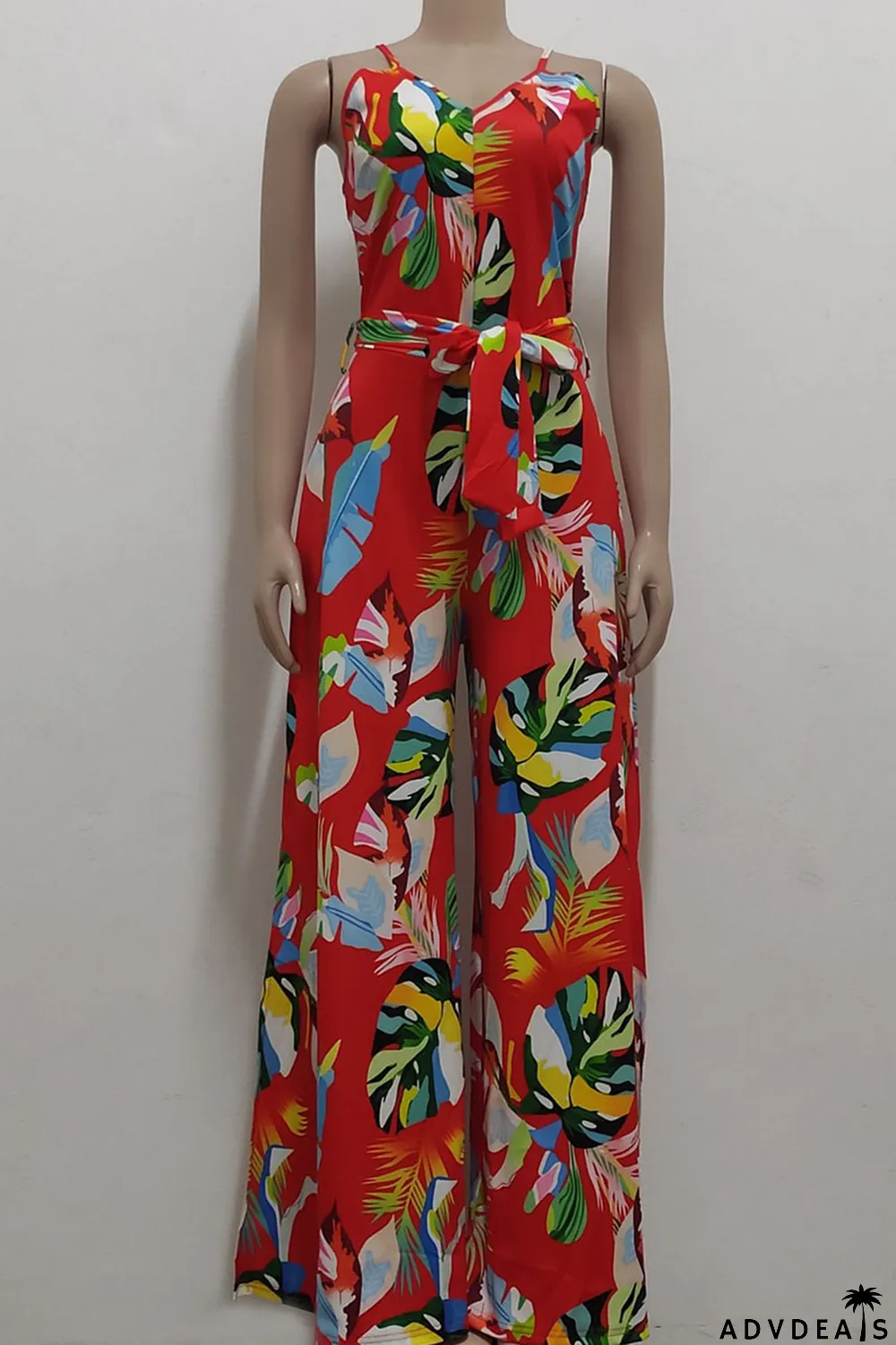 Red Casual Print Patchwork Spaghetti Strap Straight Jumpsuits