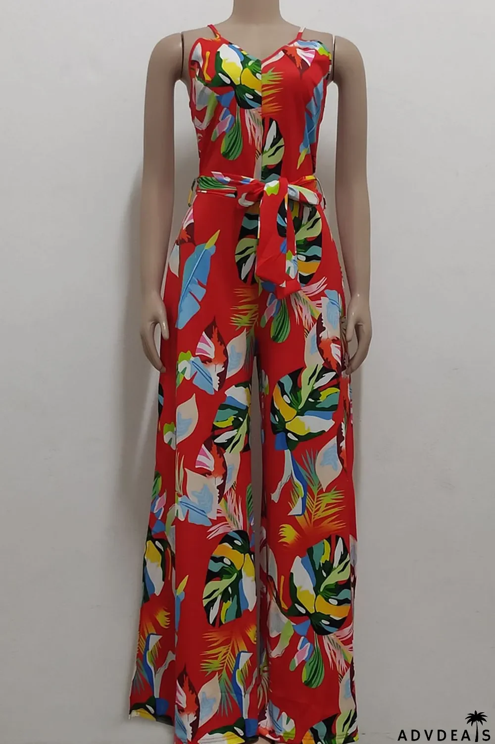 Red Casual Print Patchwork Spaghetti Strap Straight Jumpsuits