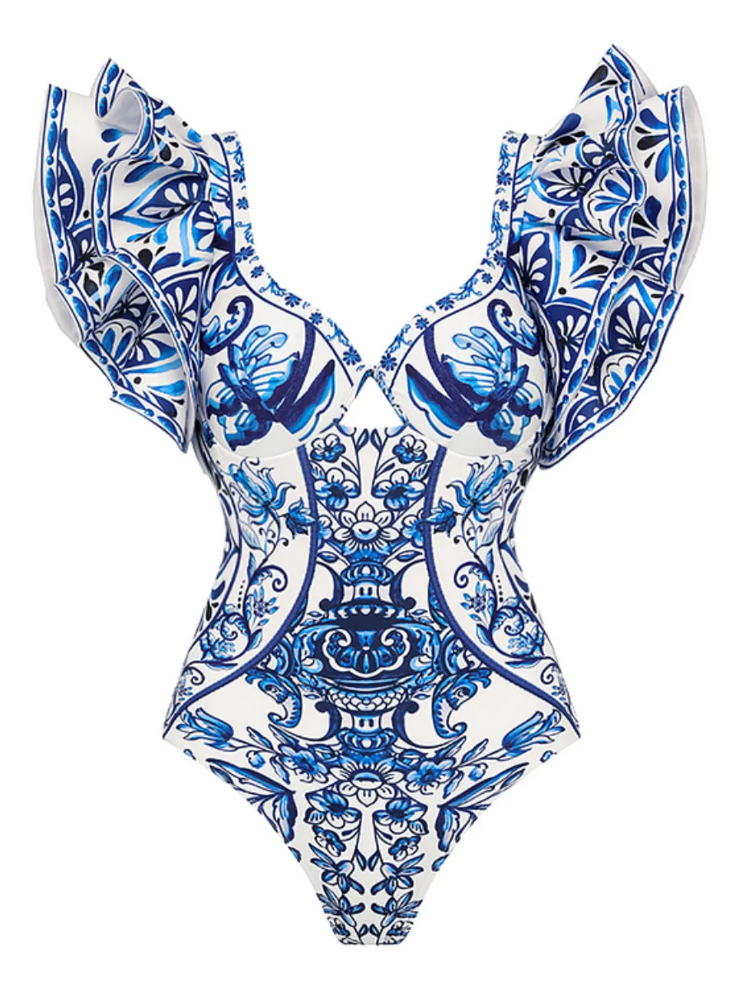 Churchf Shoulder Lotus Side Deep V-Piece Swimsuit Women's Half-Dress Two Sets Of Retro-Print Swimsuit