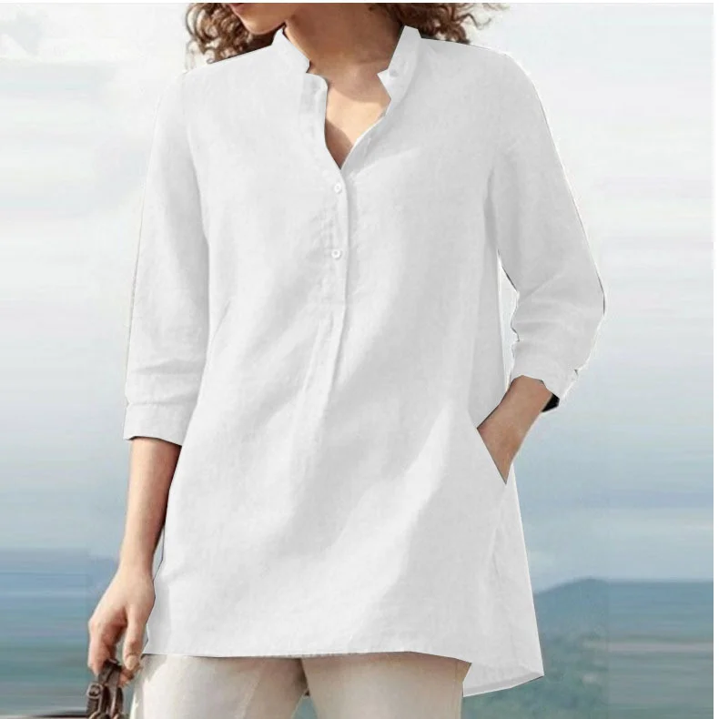 Women Top Womens V-Neck Buttons Solid Tops 3/4 Sleeve Casual Loose Shirt