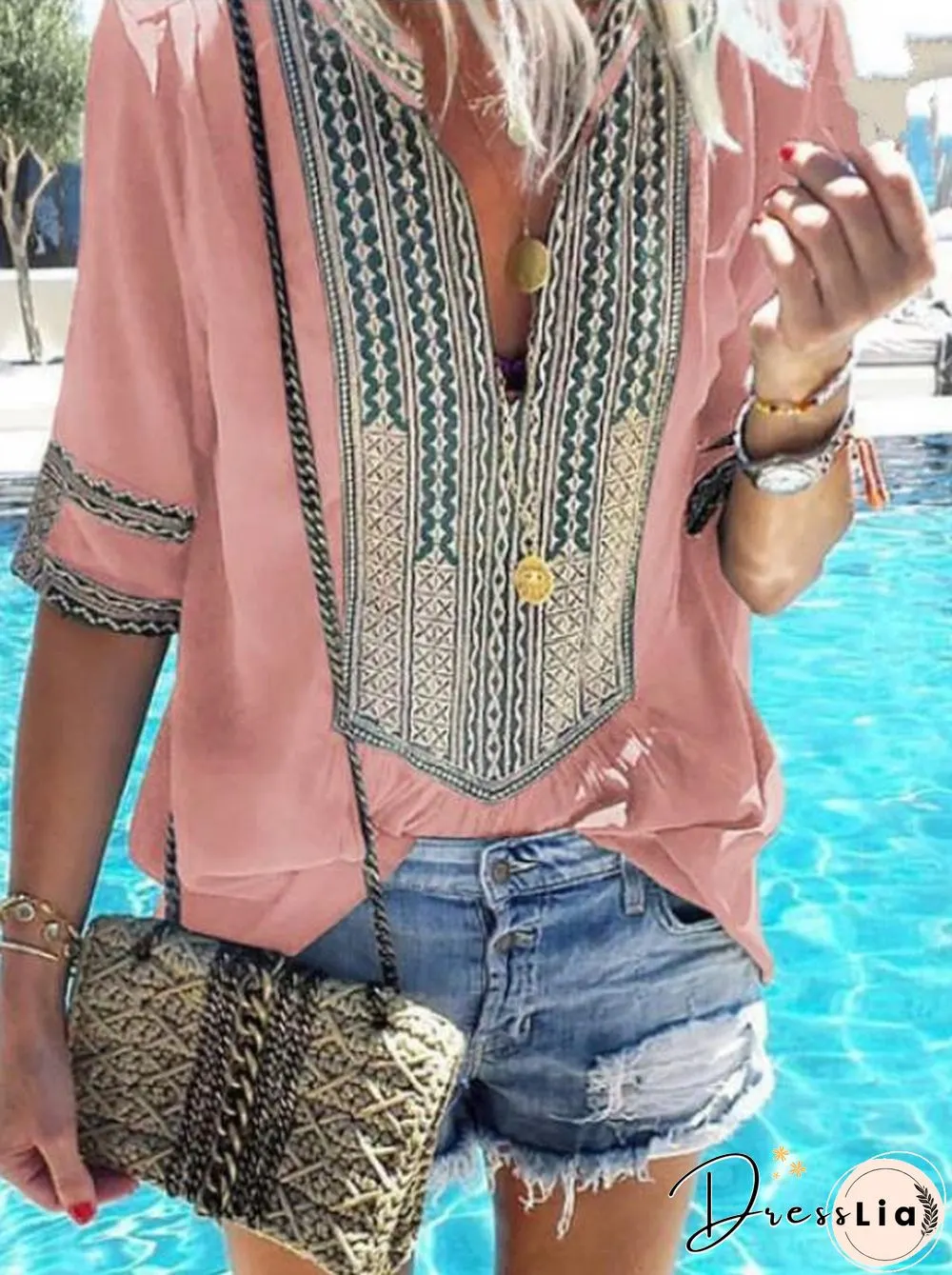 Women Casual Ethnic Style Striped V-Neck Plus Size T-shirts Tops