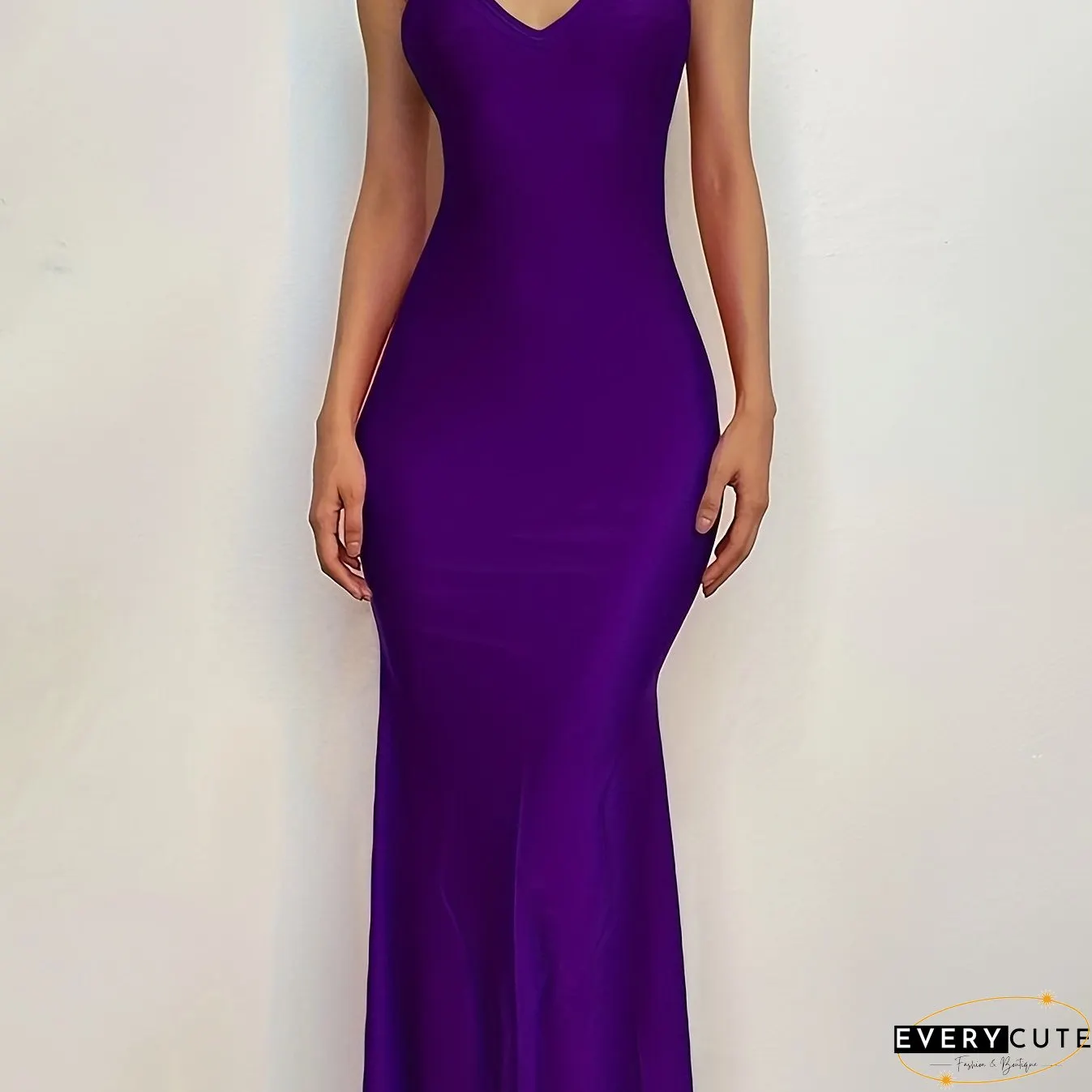 Backless Spaghetti Strap Dress, Sexy V Neck Solid Bodycon Party Club Dress, Women's Clothing