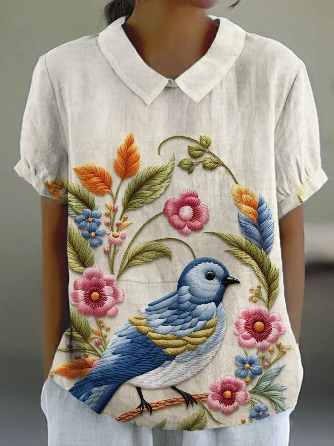 Women's Lapel Plus Size Bird and Flower Casual Print Top