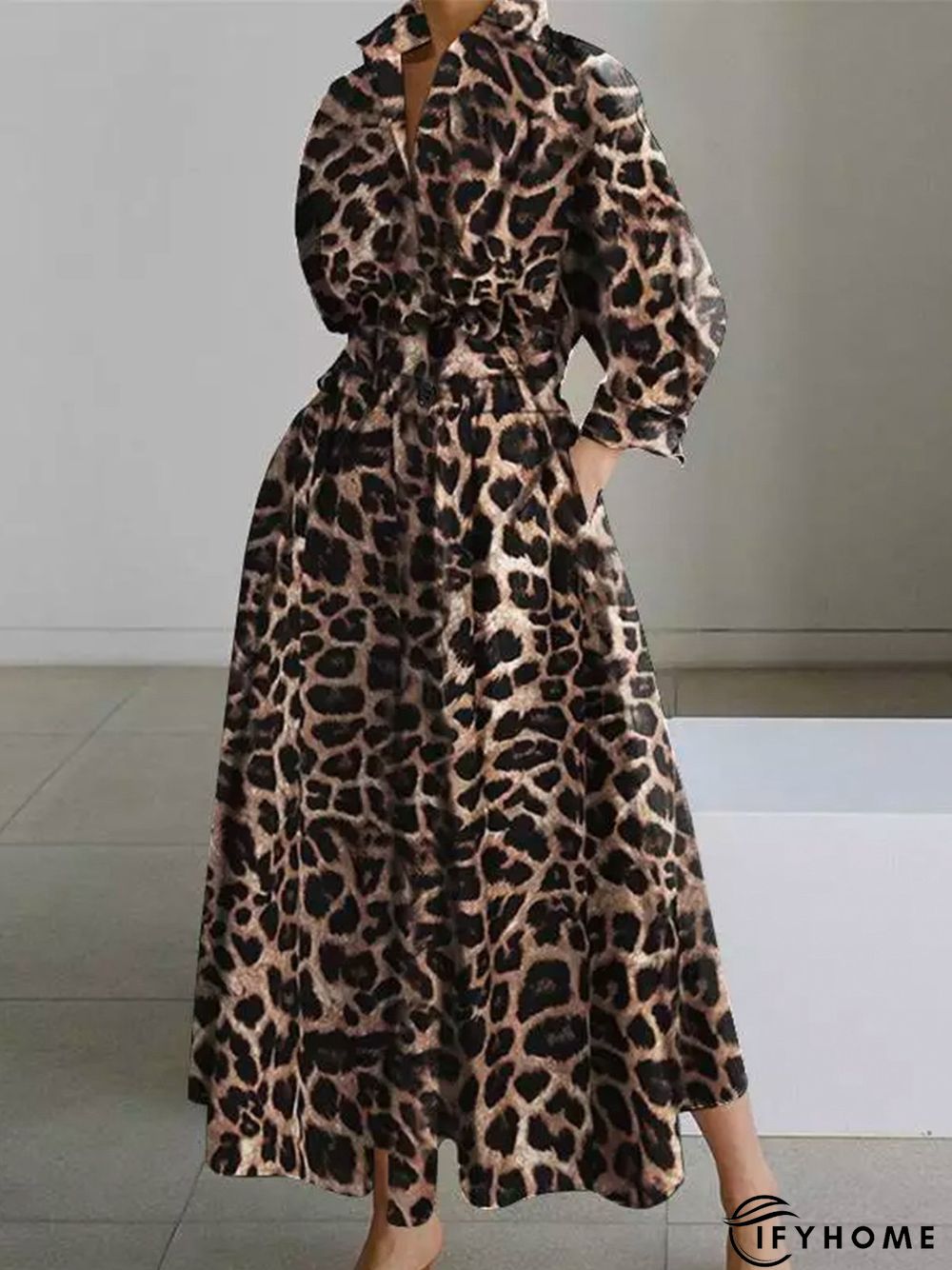 Daily Long sleeve Shirt Collar Urban Leopard Dress | IFYHOME