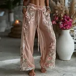Women's Spring Floral Roses Embroidered Art Print Flowy Linen Blend Casual Pants - Image 2