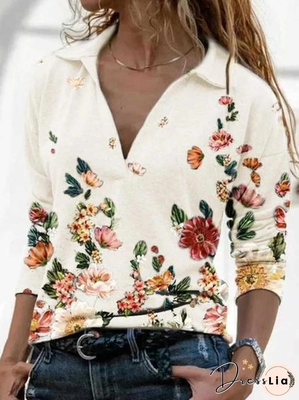 V-Neck Pullover Printed Long-Sleeved Shirt