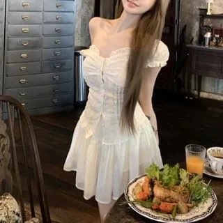 Fit A-Line High Slim Mini Lace Blouse Short-Sleeve Waist Panel Skirt /