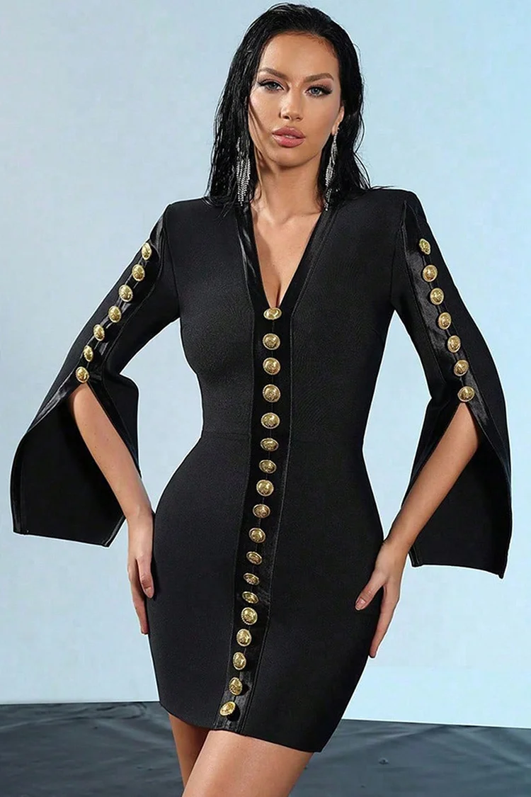 Gold Buttons V Neck Flare Sleeve Mini Dress-Black