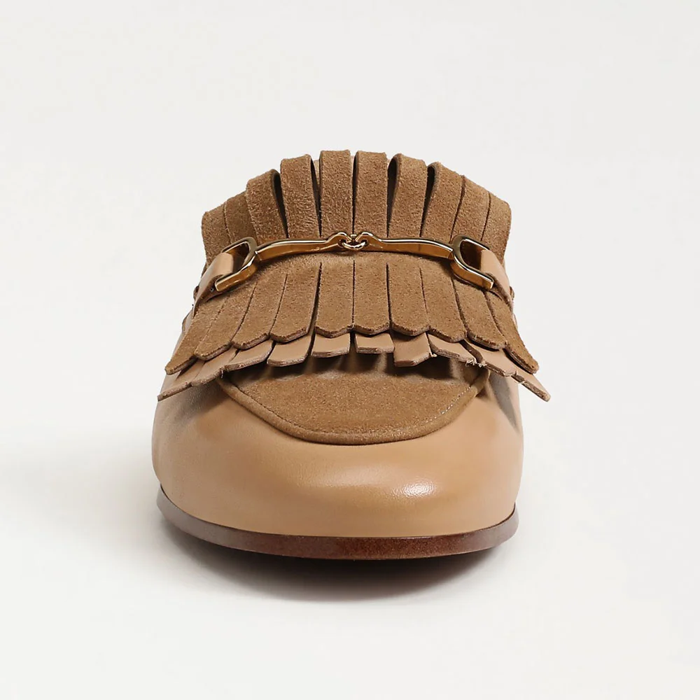 Tan Round Toe Flat Layered Fringe Casual Snaffle Buckle Mules Shoes
