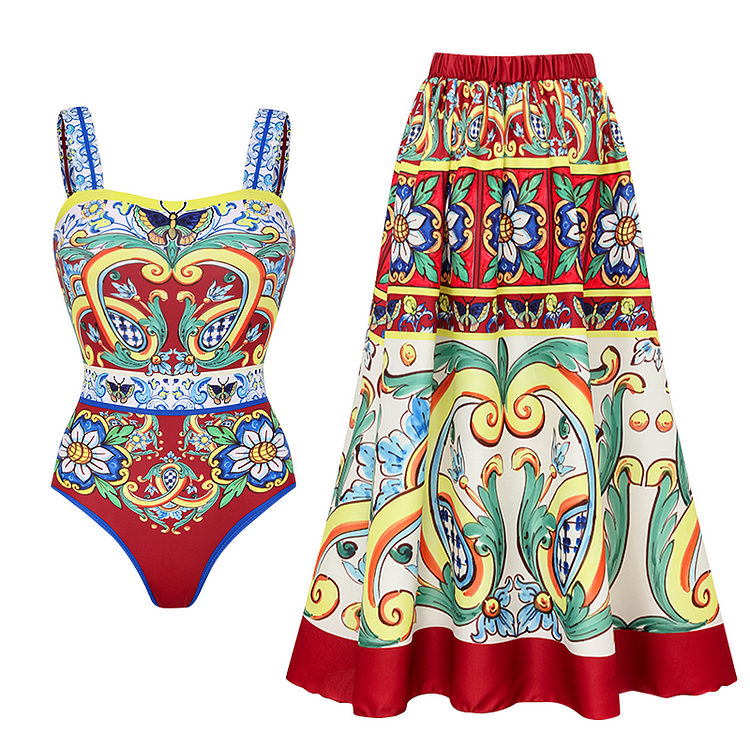 Sling Printed One Piece Swimsuit and Skirt Flaxmaker