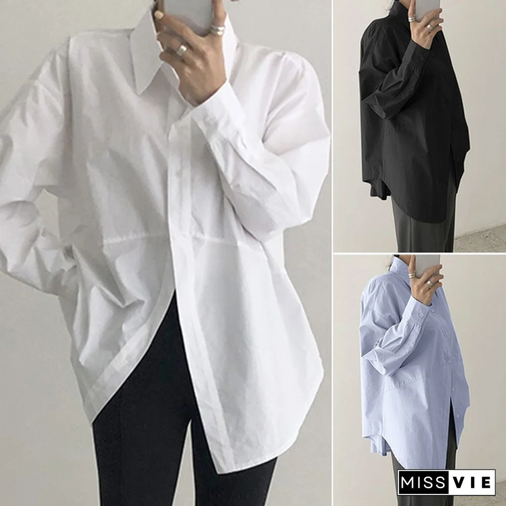 Plus Size Women's Stiff Drop Shoulder Long Sleeve Loose Spliced Shirt Versatile Blouse