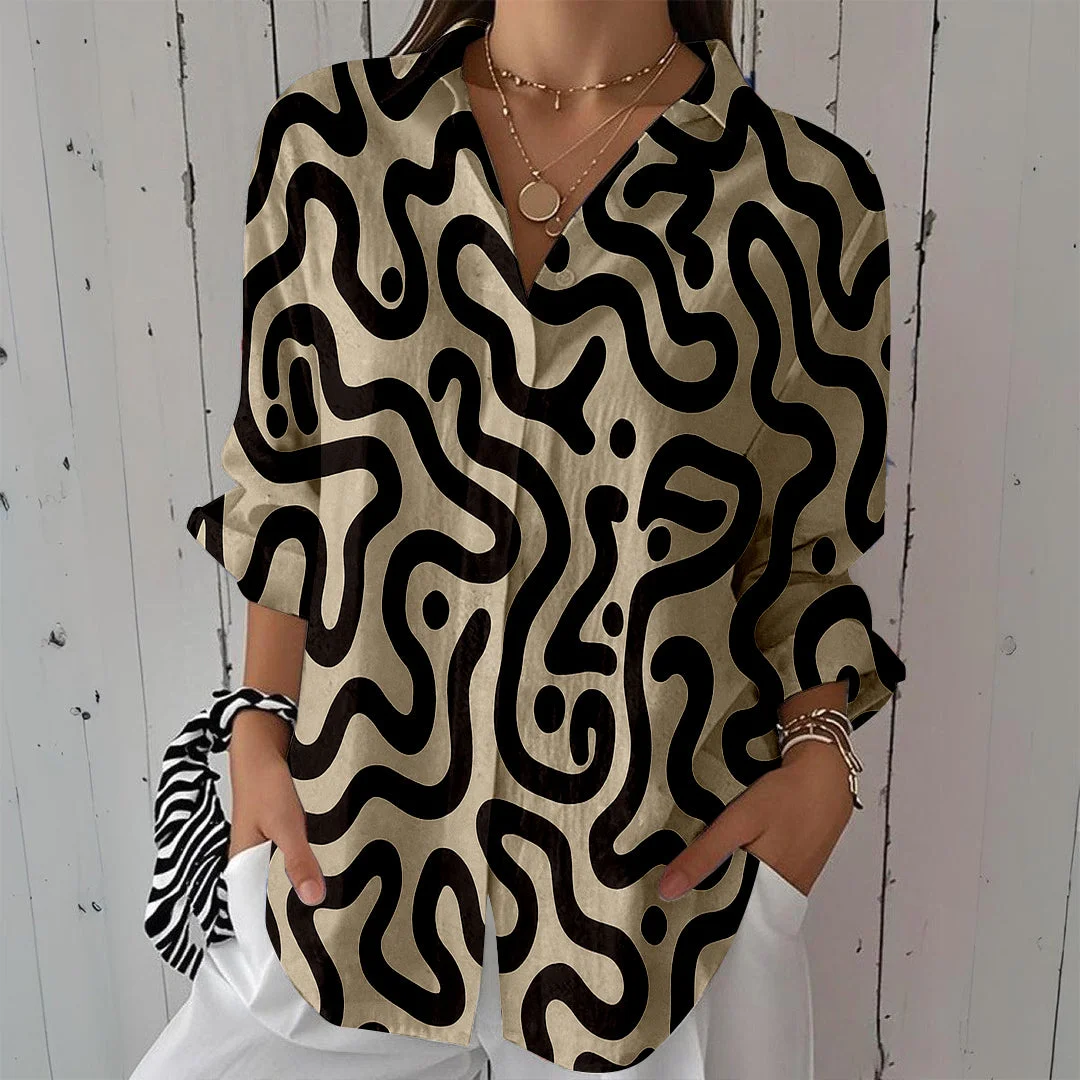 Style & Comfort for Mature Women Women Abstract, White, Khaki DZCL0109 3/4 Sleeve Shirt Collar Printed Button Tops