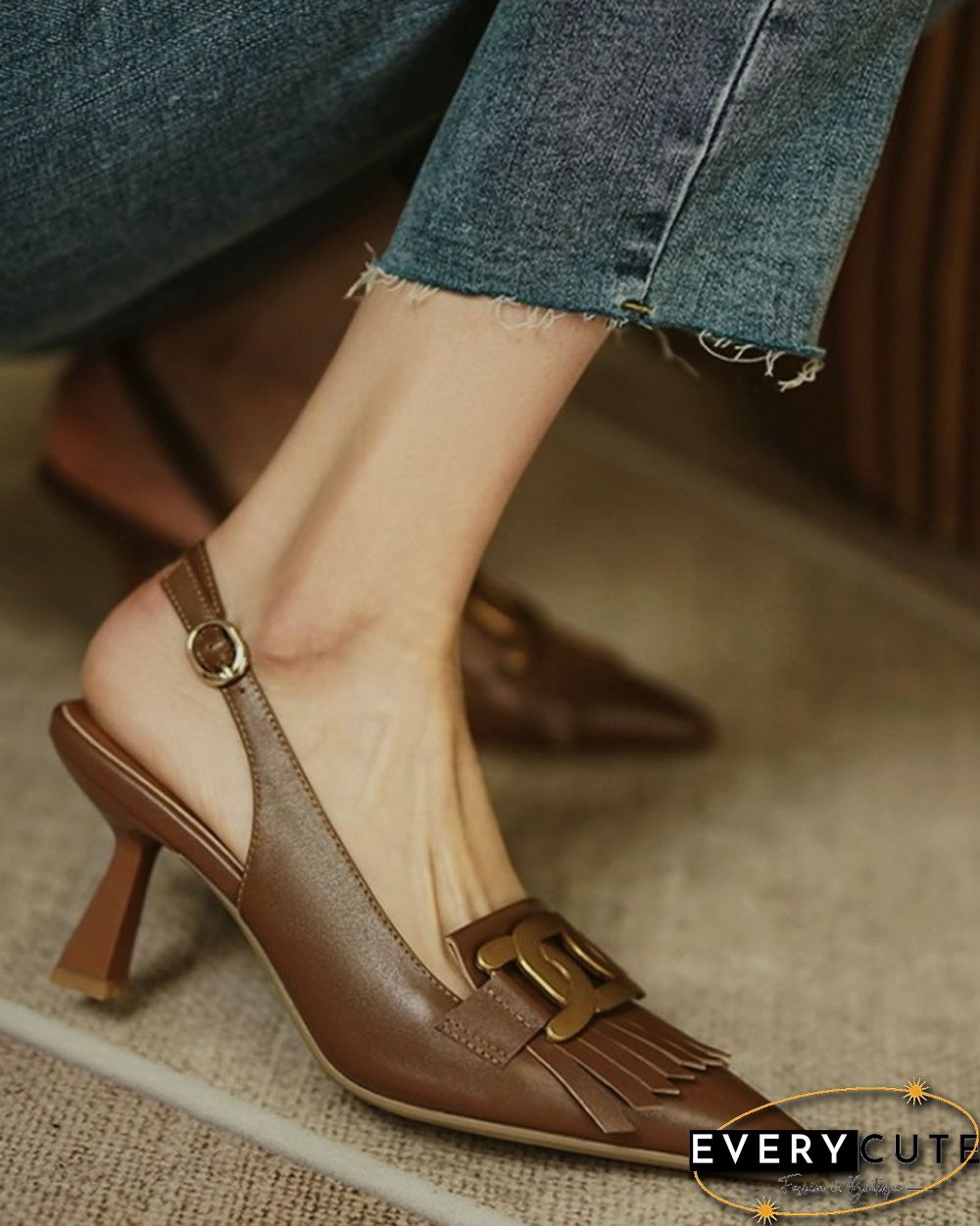 Pointed-toe Solid Color Splicing Tassel Buckles PU Leather High Heels