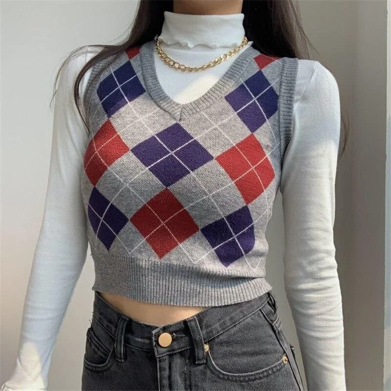 New Preppy Style Argyle Plaid Knitted Sweater Vest Women Korean Fashion Casual Sleeveless Crop Knitwear 90s