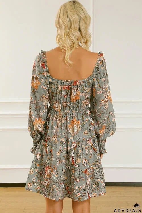 Printed Smocked Lantern Sleeve Tiered Dress