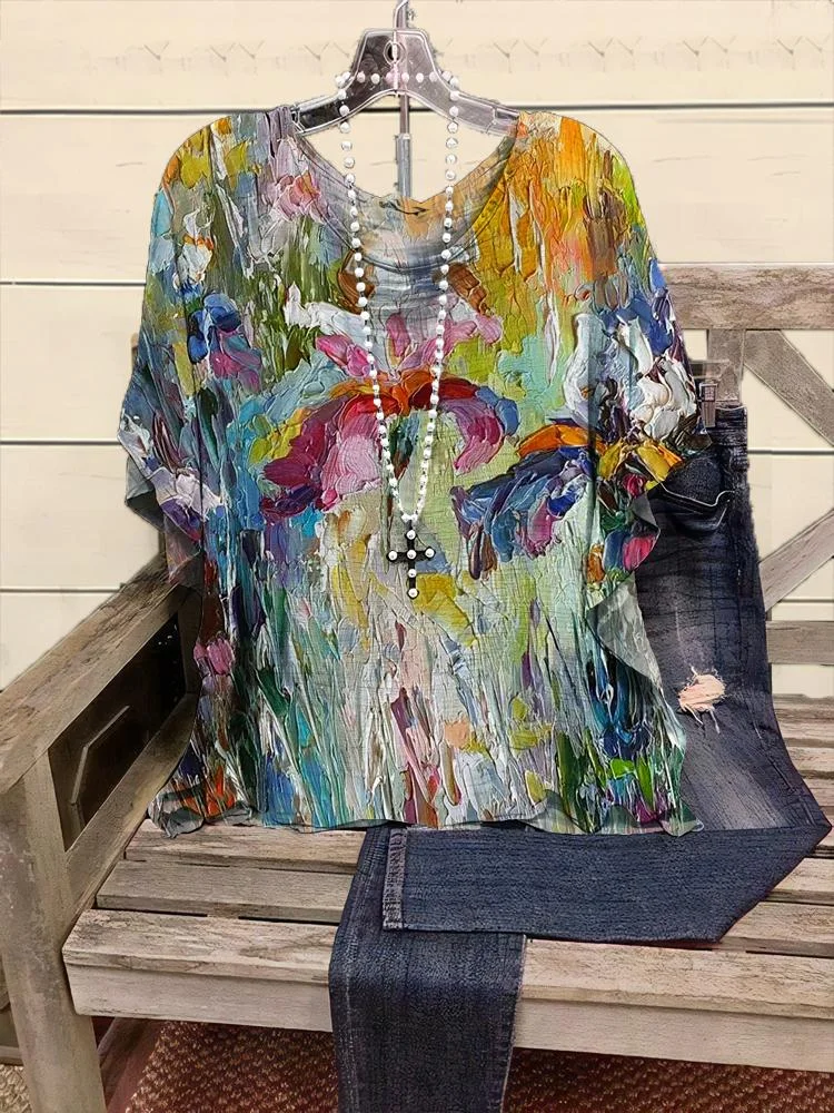 Women's Multi-color Oil Painting Art Style Half-sleeve Round Neck T-shirt