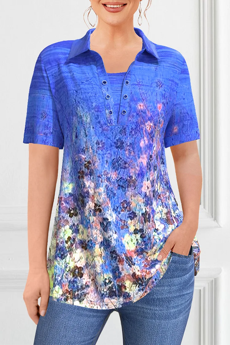 Flycurvy Plus Size Casual Royal Blue Ombre Floral Print Eyelet Washer Shirt Collar 2 in 1 Blouse  Flycurvy [product_label]