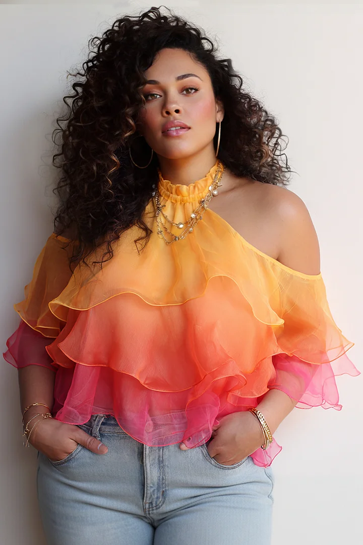 Xpluswear Design Plus Size Vacation Multicolor Gradient Halter Collar Cold Shoulder Short Sleeve Ruffle Tiered Organza Tops 2024 - Xpluswear