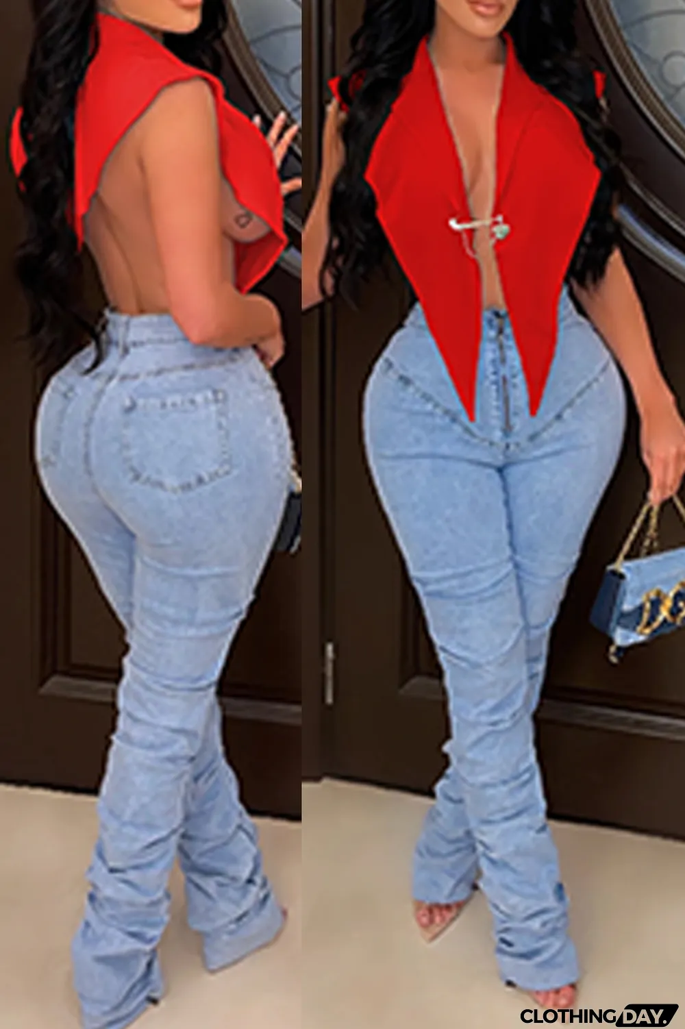 White Sexy Solid Split Joint Turndown Collar Tops (With a brooch)