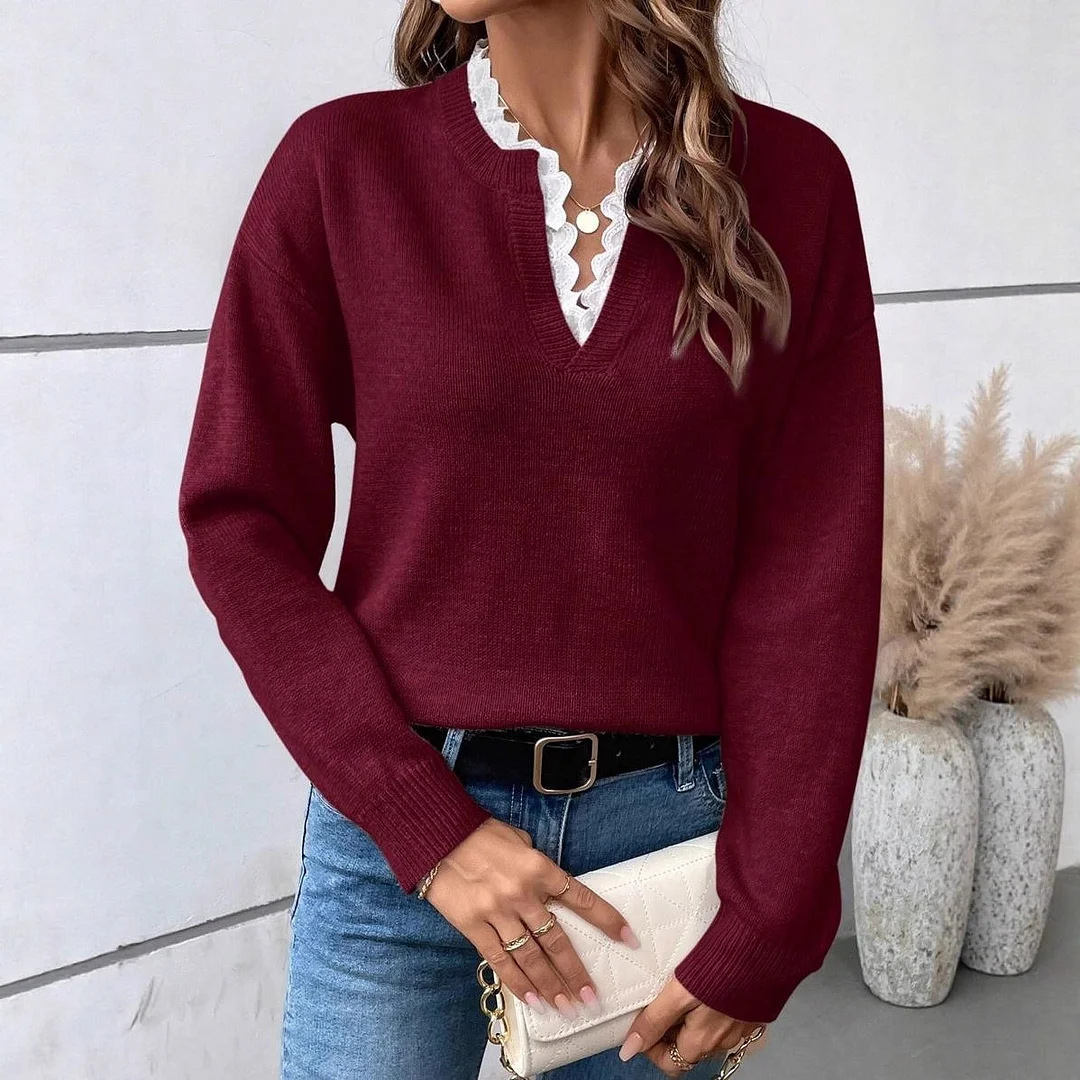 Athvotar Athvotar 2025 New Fashion Lace V-Neck Sweater Solid Color Loose Long-Sleeved Knitwear Shirt