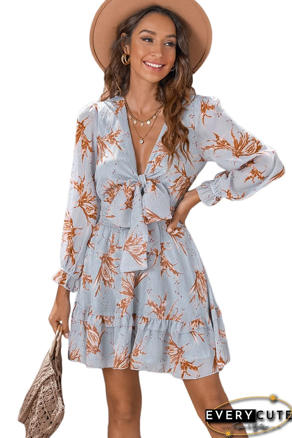 Sky Blue Deep V Neck Lantern Sleeve Knotted Tiered Mini Dress