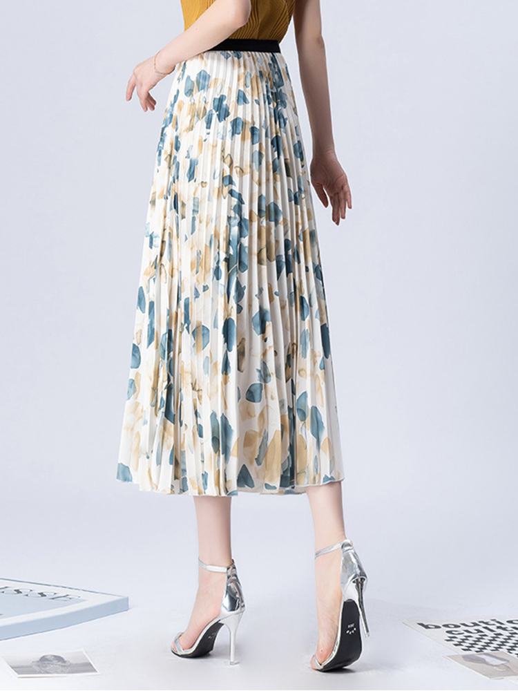 Huibahe Spring Summer Floral Printed Chiffon High Waist A-Line Skirts Women Elegant Midi Length Polyester Pleated Skirt QT1751