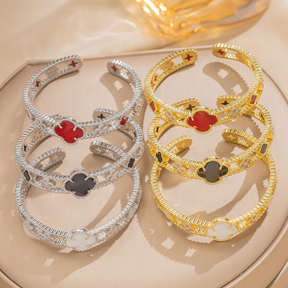 Personalized Trendy Micro-Inlaid Zircon Mother-Of-Pearl Flower Hollow Open Bracelet Versatile Women