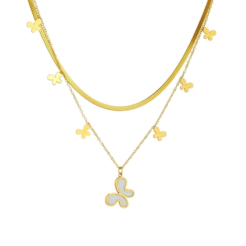 Elegant Heart Shape Butterfly 304 Stainless Steel 18K Gold Plated Double Layer Necklaces