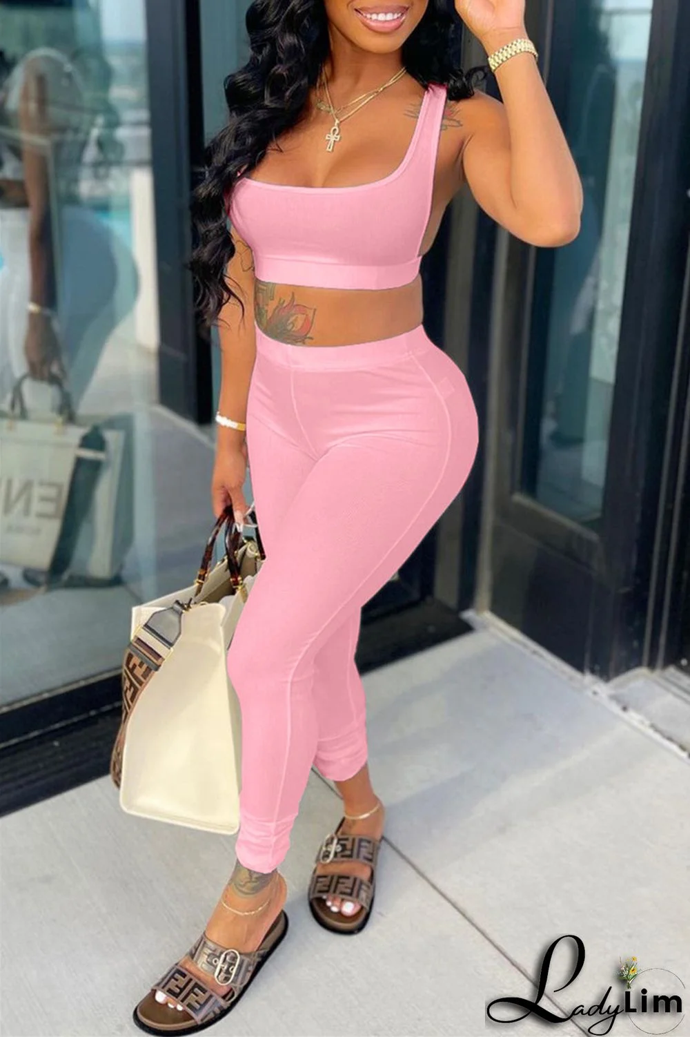 Pink Sexy Casual Solid Vests Pants U Neck Sleeveless Two Pieces