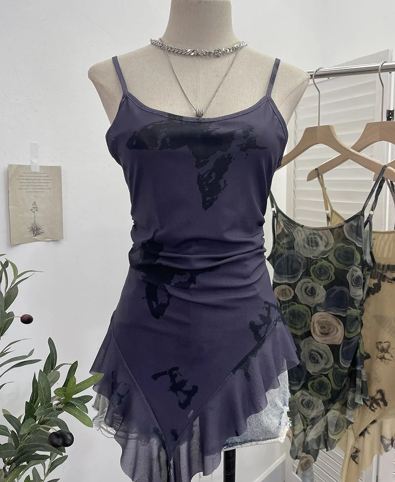 Uveng 辣bab Net Yarn Print Small Sling Vest Tidly Tidly Ribbon Ribbon Leaves Edge Sleeveless Top 9970