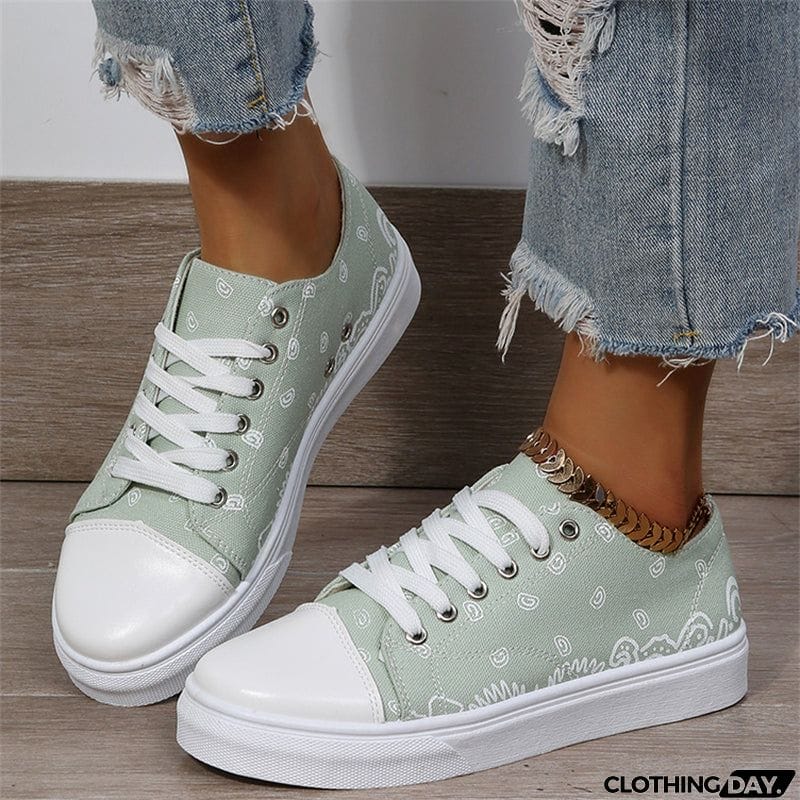Cute Round Toe Lace Up Cartoon Print Canvas Loafers for Women