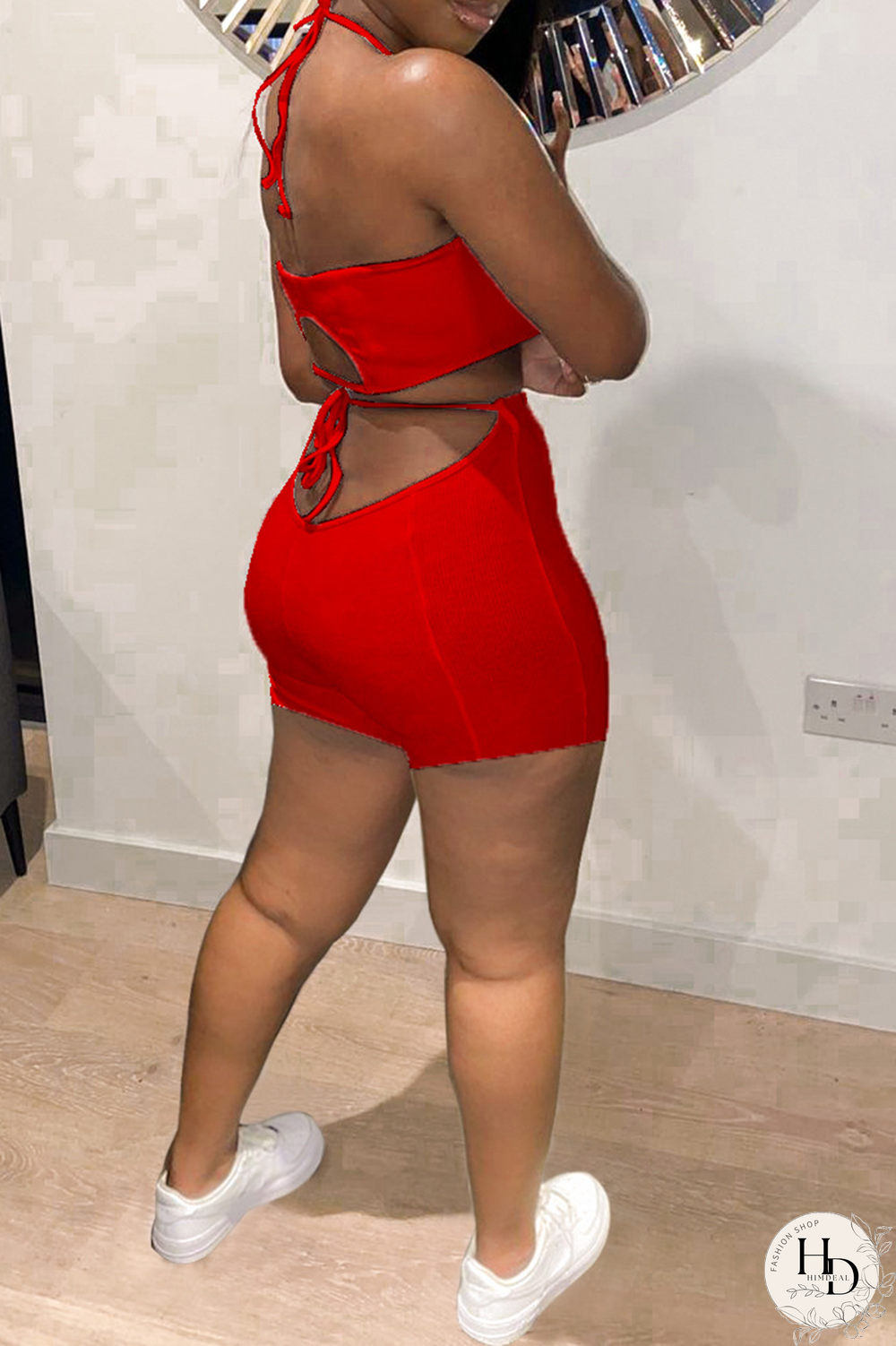 Red Sexy Solid Hollowed Out Halter Sleeveless Two Pieces