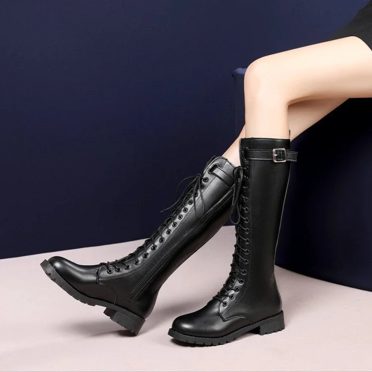 Women Thick Platform Knee-high Boots Autumn Boot Black Lace-up Medium Creepers Shoes Fashion Punk Riding Boots Zipper Round Toe