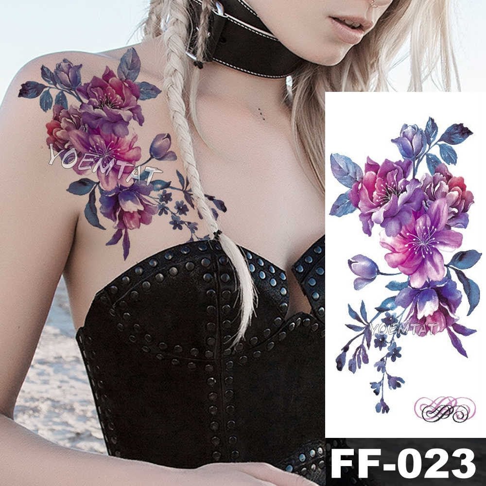 Purple Watercolor Rose Lily Flower Waterproof Tattoo Stickers Women Body Chest Art Temporary Tatto Girl Waist 3D Flowers Tatoo