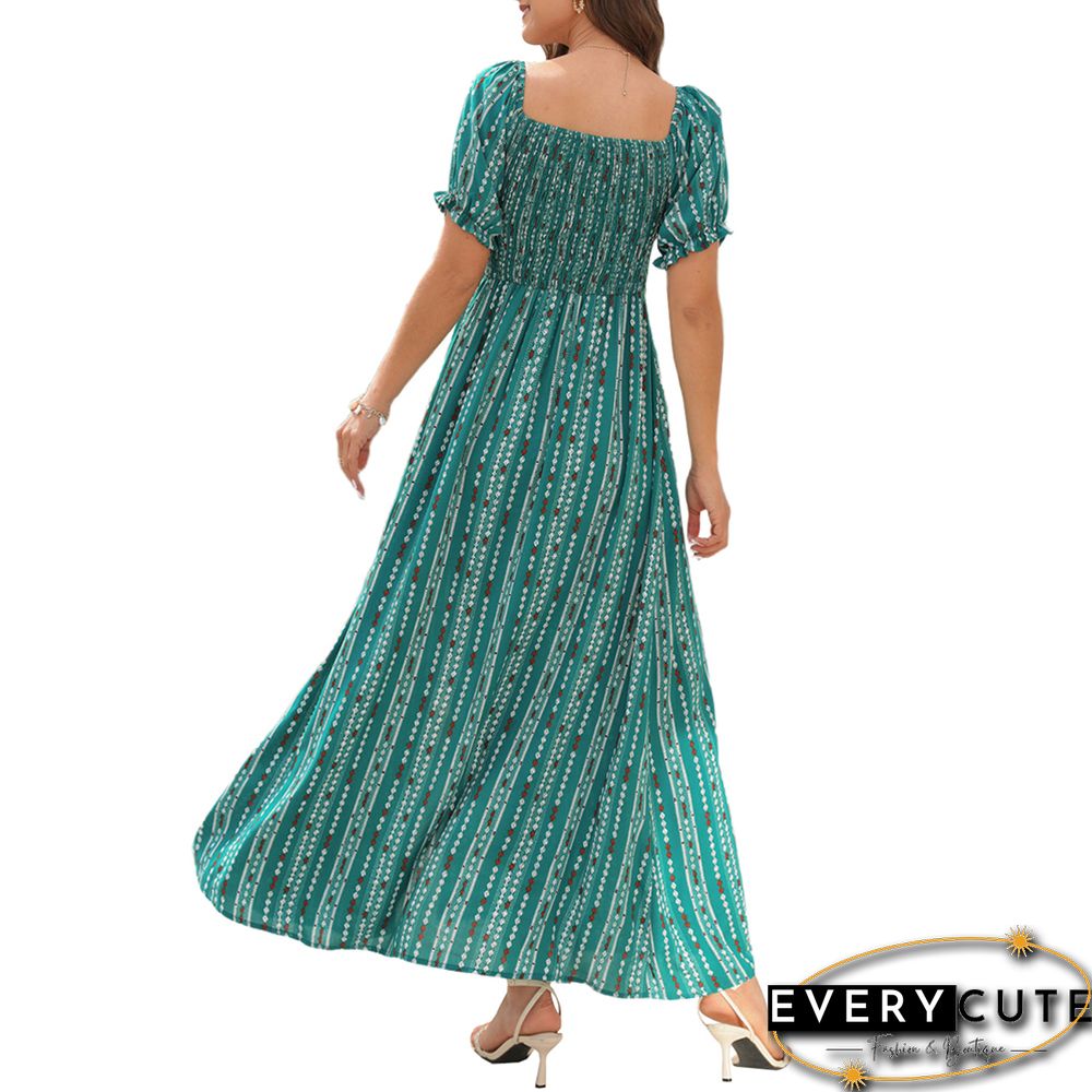 Green Vertical Striped Print Split Off Shoulder Maxi Dress