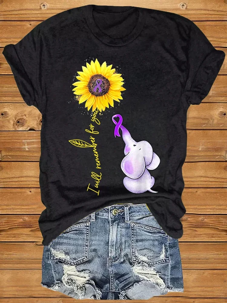 Women's Elephant I Will Remember For You Sunflower Alzheimer Print T-shirt