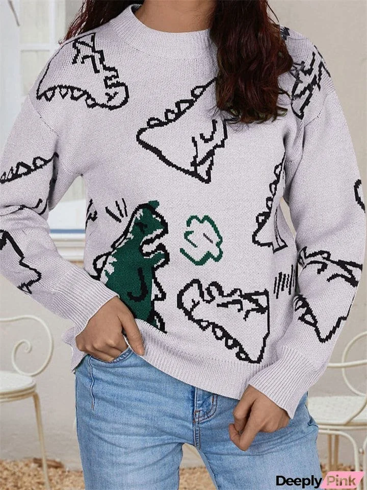 Female Super Cute Cartoon Dinosaur Pullover Round Neck Casual Sweaters