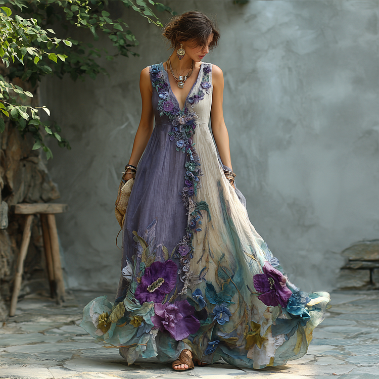 Retro Gradient Purple Floral Embroidery Sleeveless V-neck Dress