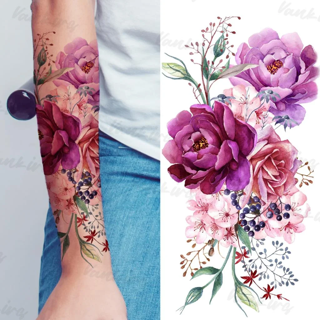 Sdrawing Flower Temporary Tattoos For Women Girls Realistic Lavender Butterfly Flower Fake Tattoo Sticker Forearm Body Tatoos 3D