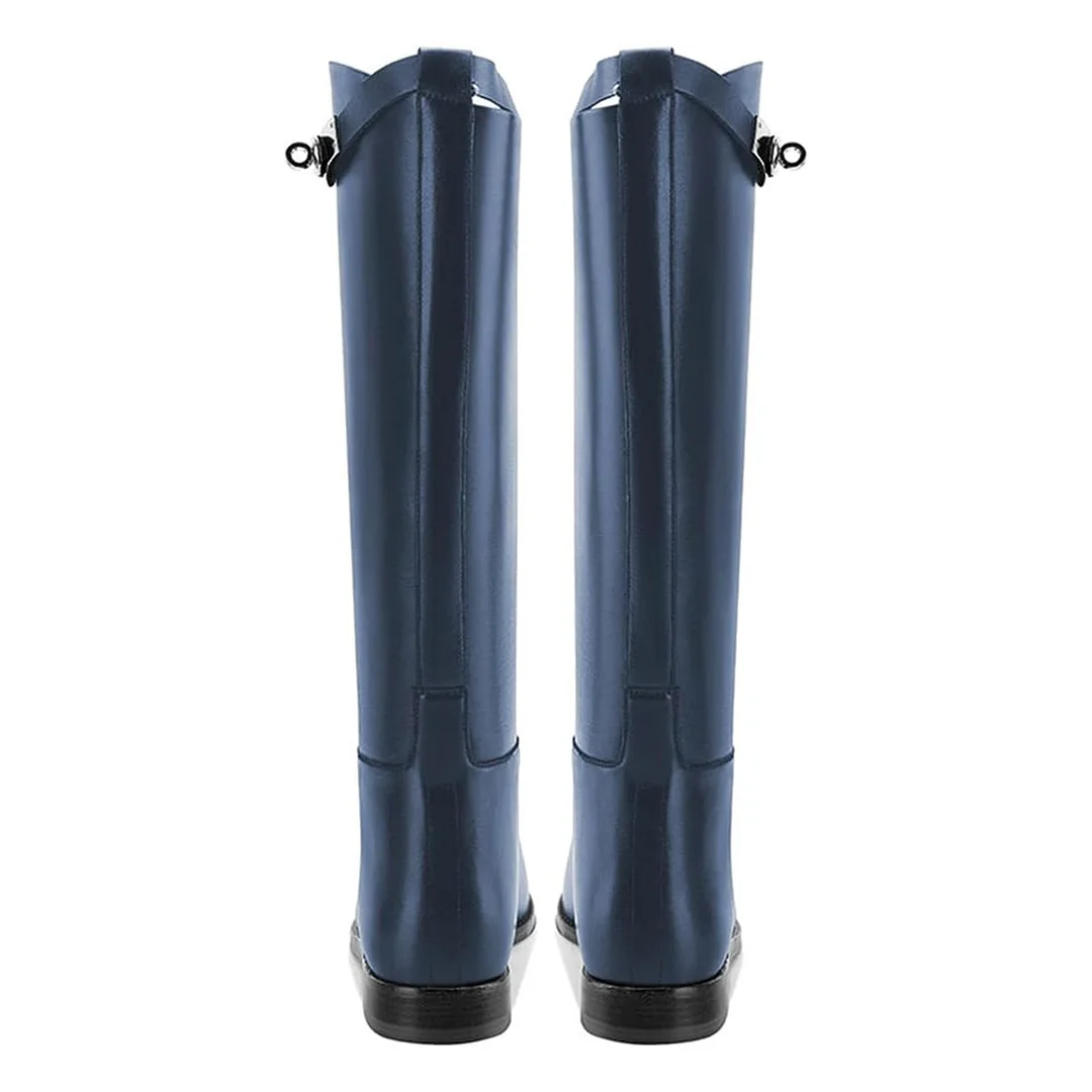 Navy Closed Toe Buckled Slip On Knee High Flat Boots for Women