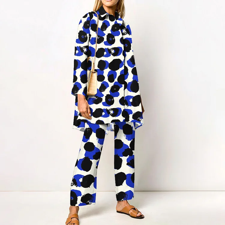 VChics Fashion Geometric Color Block Shirt Two Piece Set