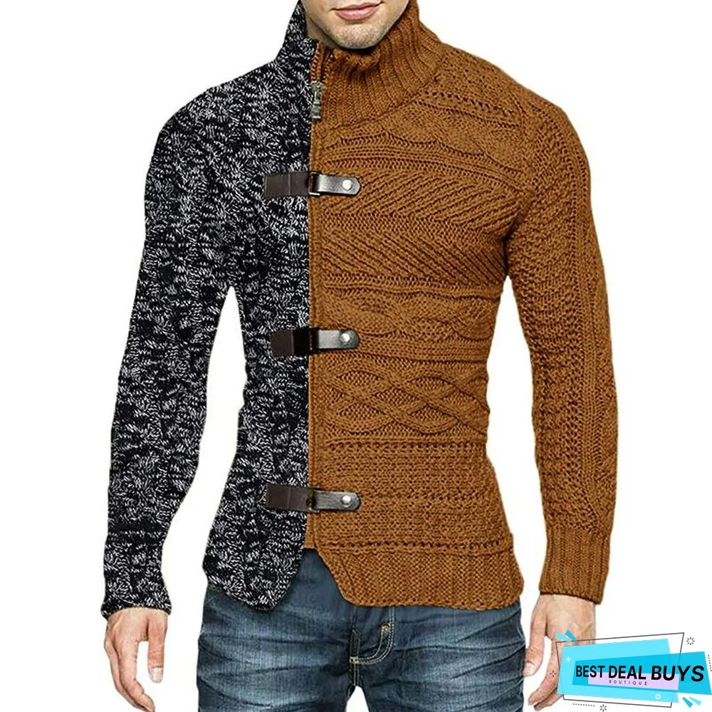 High Neck Sweater Men's Color Matching Leather Buckle Long Sleeve Knitted Cardigan