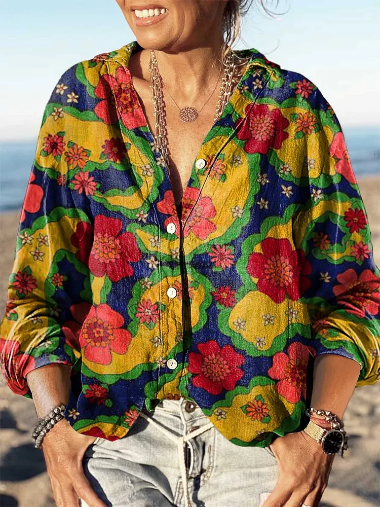 Women's Vintage Floral Paisley Print Casual Cotton Linen Long Sleeve Shirt