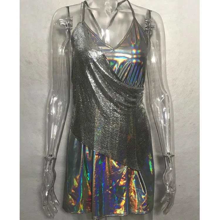 Silver wire deep V sexy backless evening dress-zachics