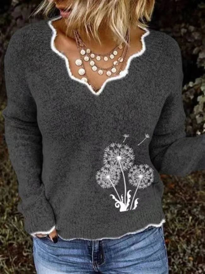 Mayoulove V neck floral printed knit sweater-Mayoulove