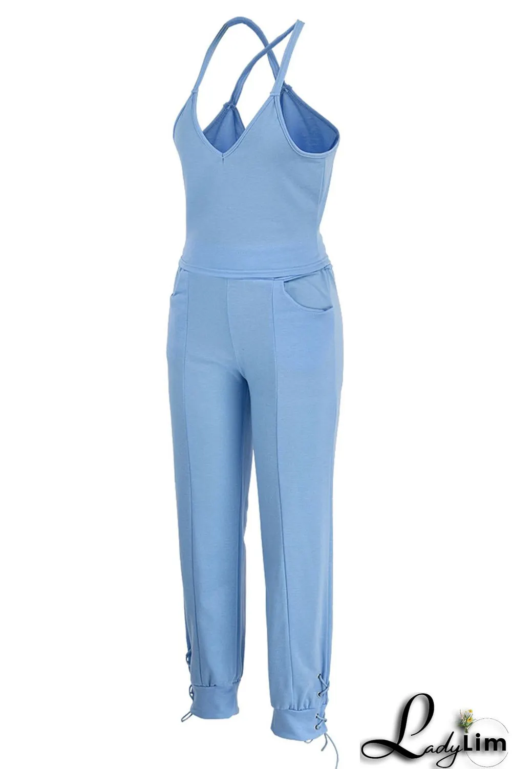 Dark Blue Casual Solid Split Joint Spaghetti Strap Sleeveless Two Pieces