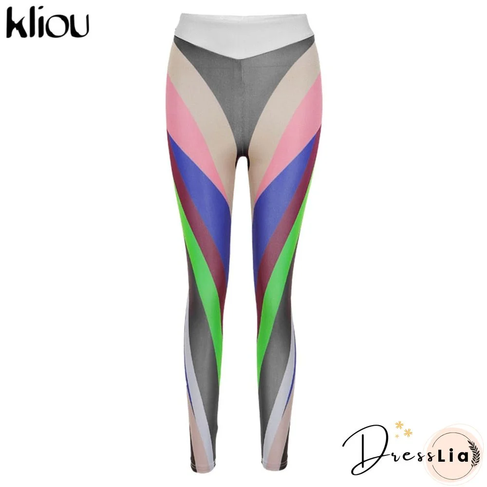 Kliou Color Blocking Women Leggings High Waist Stretchy Skinny Striped Fitness Pants Color Match Streetwear Slim Clothing